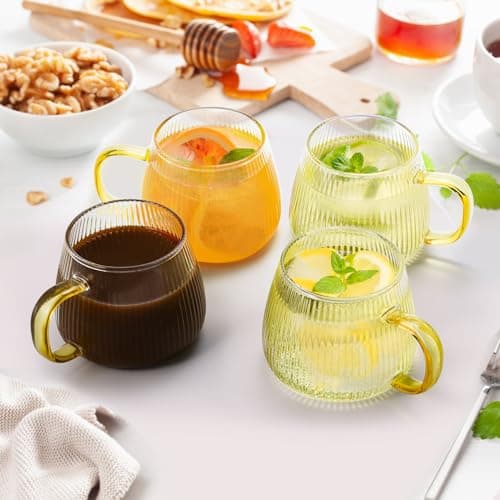 AVLA 6 Pack Glass Coffee Mugs, 16OZ/480ML Unique Vertical Stripes Coffee Cup, Clear Large Tea Glasses with Handle, Vintage Transparent Glassware for Hot/Cold Beverages, Cappuccino, Latte, Juice — view 4