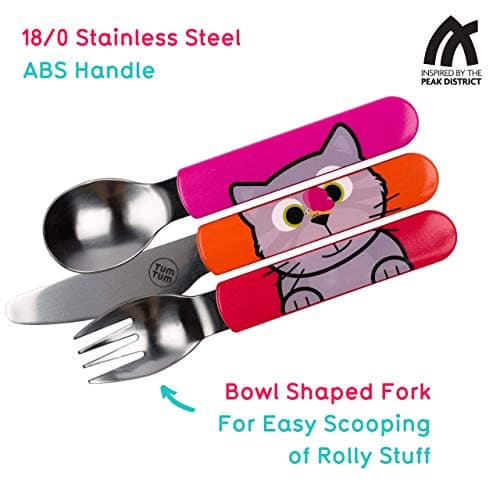 TUM TUM Toddler Cutlery Set with Travel Case, 3 Pcs Kids Cutlery Set Stainless Steel Includes 1 x Fork/Spoon/Knife, Kids Travel Cutlery Sets, BPA Free (Bluebell The Cat) — view 3