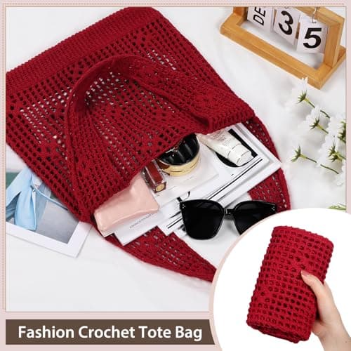 Sightor Crochet Tote Bag, Mesh Beach Bag Knit Summer Hobo Bag Vacation Boho Tote Bag for Women, Hollow Out Red, M, Boho — view 5