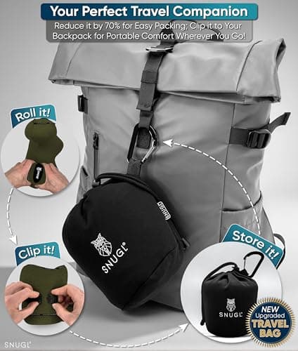 SNUGL Travel Pillow – Memory Foam Neck Pillow for Travel – Support Cushion for Airplane with Carry Bag & Clip - Holiday Essentials (Olive Green - Adult Regular) — view 6
