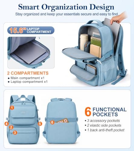 FIORETTO 25L School Bag for Girls & Teens, Womens Backpack Rucksack with Organized Pockets, Trolley Strap & Chest Buckle, Fits 15.6" Laptop, Ideal for School, Travel & Daily Use Blue — view 4