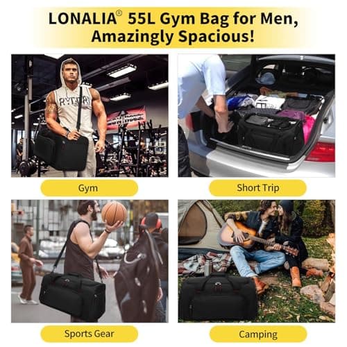 LONALIA 55L Large Gym Sports Duffle Bag for Men - 22 inch Mens Travel Holdall Weekend Overnight Bag (Black) — view 5