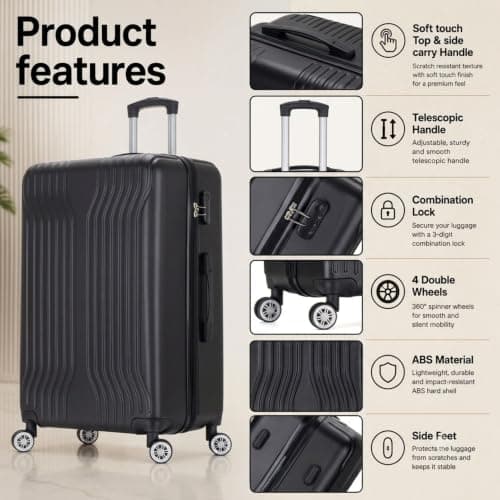 DK Luggage 28" Large Hard Shell Suitcase 4 Wheel Spinner ABS25 (Black, 28" Large) — view 5