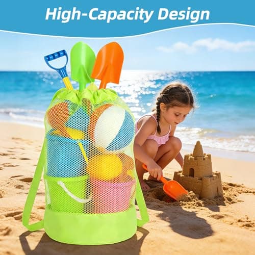 3Pcs Mesh Beach Toys Backpack Bag, Water Bottle Carrier, Large Portable & Foldable Sea Shell Bag With Adjustable Carrying Straps Set for Outdoor Activities (Green) — view 5