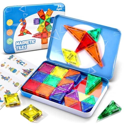 CS COSDDI Magnetic Tiles Travel Toys Set, 42PCS Mini Magnetic Blocks with Iron Case STEM Montessori Travel Toys for Boys & Girls 3+ Year Old Plane Activities for Kids
