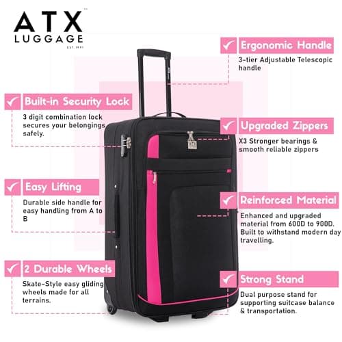 ATX Luggage Medium Suitcase Expandable Soft Shell Durable Lightweight Hold Check in Trolley Case with 2 Wheels & Built-in 3 Digit Combination Lock (Black/Pink, 79 Liter) — view 3