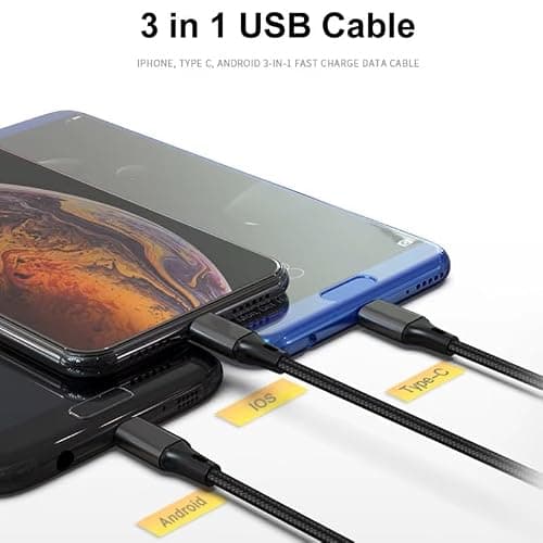 3-in-1 USB Charging Cable, Nylon Braided Multi Charger compatible with iPhone, Type-C, Micro USB Devices, Fast Charging Cable (Blue) — view 2