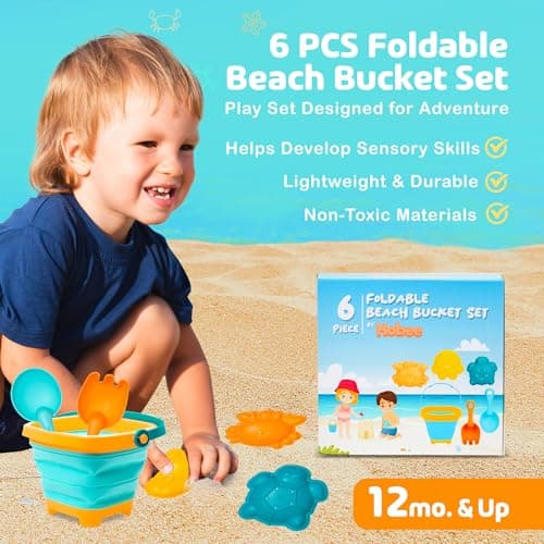 Hobee 6 Piece Foldable Beach Bucket Set for Kids - Ultimate Seaside Fun with Collapsible Bucket, Spade, Rake, and 3 Sand Moulds — view 2