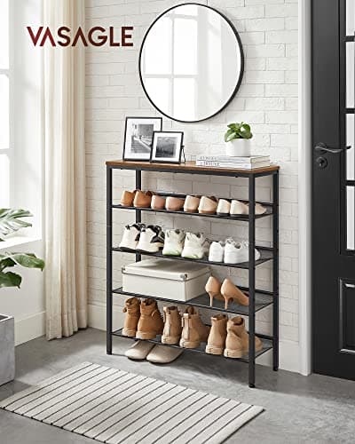 VASAGLE 5-Layer Shoe Rack, High Shoe Storage with 4 Mesh Shelves and Large Top for Bags, Space Saving for Entrance, Hallway, Steel, Industry, Rustic Brown and Black LBS038B01 — view 2