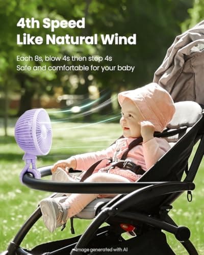 gaiatop Oscillating Baby Stroller Fan with LED Lights, Rechargeable Purple — view 5