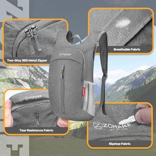 ZOMAKE Lightweight Foldable Backpack, Packable Rucksack (10L/Grey) — view 4