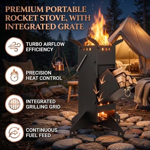 Crystals Heavy Duty Rocket Wood Burning Stove, Portable Camping Cooking Stove for Outdoor Cooking, Compact Metal Rocket Stove for Camping, Hiking and Fishing — view 2
