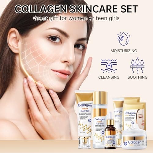 Collagen Skin Care Set, Anti Aging Skincare Set for Wrinkles & Fine Lines, Shrink Pores, Hydrate & Firm Skin, 7 Pcs Skincare Kits for Women with Cleanser, Toner, Serum, Cream, Eye Cream, 2 Pcs Masks. — view 5