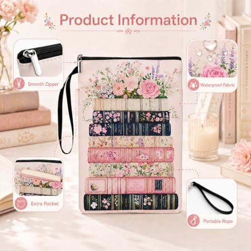 Floral Book Sleeve Pouch, Washable Fabric Cloth Book Cover Bag with Zipper and Extra Pocket, Portable Notebook Protector for Kindle, Textbook, Gift for Reading Lovers Women Friend — view 2