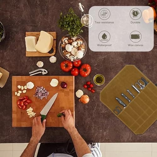 Megcdtr Knife Roll Bag, Knife Roll for Chefs, 7 Slots Waxed Canvas Knife Bags, Portable Tool Storage Bag with Drawstring, Suitable for Home Kitchens Camping Hiking and As a Gift for Chefs (Khaki) — view 4