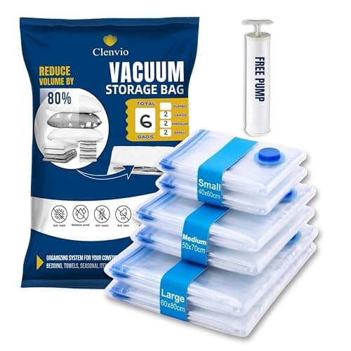 Clenvio Vacuum Compression Storage Bags with Free Hand Pump, 6 Pack Mixed Sizes, Transparent, Airtight Seal, Space Saver Bags for Clothes and Bedding, 7 Layers Premium