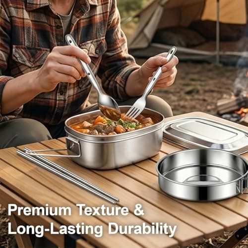 Mess Tins For Camping, 6 pieces Camping Cooking Set Stainless Steel Camping Pan Set - Foldable Outdoor Cookware Set Withcamping Frying Pan, Mess Tin, Cutlery - Ideal for Outdoor Adventures — view 5