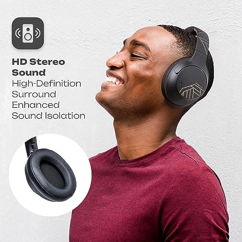 PowerLocus Bluetooth Headphones Over Ear, 50 Hours Playtime, 4 EQ Modes, Foldable Wireless Headphones with Microphone, HiFi Stereo, Lightweight & Wired Mode for Phone/Travel/PC (Black Gold) — view 6