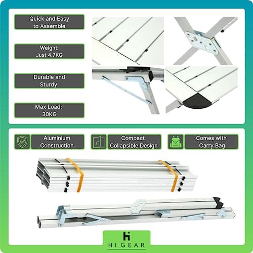 Hi-Gear Elite Double Table with Lightweight Aluminium Construction, Folding, Portable & Compact, Ideal for Camping, Festivals, BBQs & Outdoor Events, includes Carry Bag, Silver — view 4