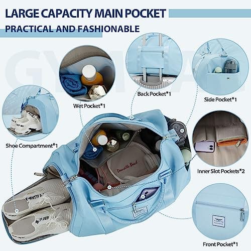 FIORETTO Womens Gym Sports Bag Travel Bag with Shoes Compartment & Wet Pocket, Weekend Overnight Duffle Hospital Bag Carry On Bag Holdall for Travel Swimming Light Blue — view 3
