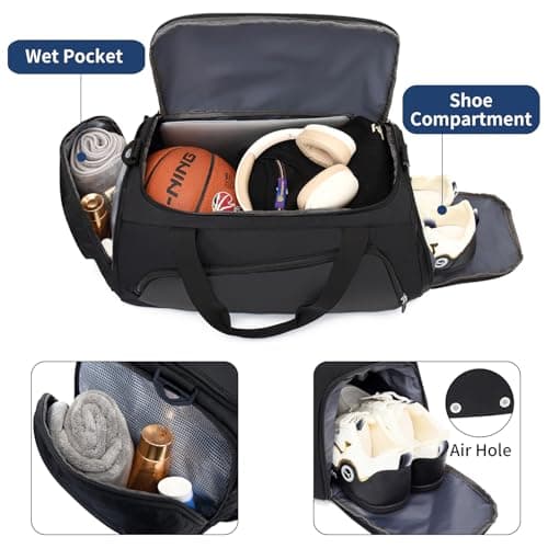 Waterproof Gym Bag Duffle Bag with Wet Pockets and Shoe Compartment,Durable Sports Holdall Bags Travel Bag for Women Man(Black,40L) — view 3