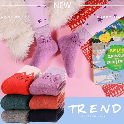 ANTSANG Kids Merino Wool Walking Socks for Toddlers Boys Girls Winter Hiking Thick Warm Heavy Thermal Cosy Crew Boot Cabin Gift Socks 6 Pairs(Little Cat,1-3 Y) — view 5