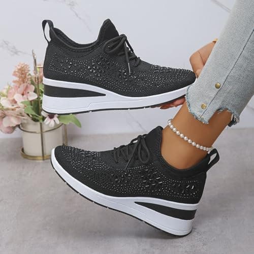 Women's Glittery Trainers Rhinestone Fashion Breathable Wedge Sneakers Athletic Slip On Walking Shoes Breathable Lightweight Sports Casual Sparkly Diamante Sneakers Ladies Platform Shoes Black — view 2