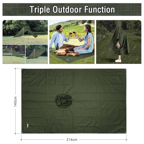 Azeekoom Rain Jacket Rain Poncho, Raincoat Waterproof Unisex Camping Tent Camping Blanket 3-in-1 Multifunctional Rain Cape for Outdoor Picnic Trekking Camping Fishing Hunting Trip(Green) — view 3