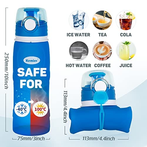 Kemier Collapsible Foldable Water Bottle for Travel, Gym, Hiking - Silicone Leakproof Sports Outdoor Bottle with Carabiner, 750ML/26OZ (Blue) — view 4