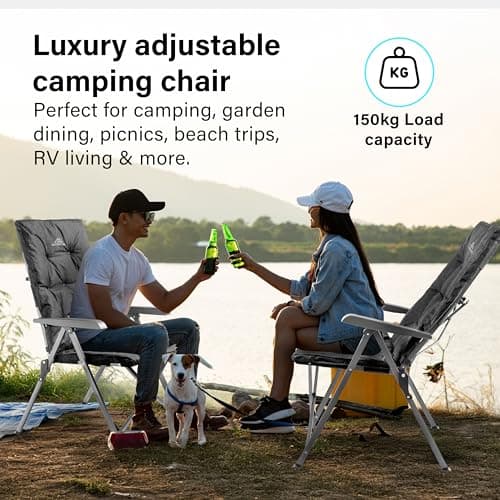 Luxury Adjustable Camping Chairs 2 Set for Adults Heavy Duty Outdoor 4-Position High Back Oversized Garden Padded Folding Chair for Caravan Dining Beach Picnic Fishing 150kg Load Capacity Black — view 3