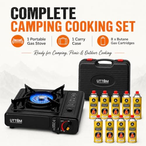 UTTAM Black Portable Camping Stove with Cary Case | EN417 Compliant Camping Portable Stove | Camping Stove with Automatic Ignition & Heat Control (Stove + 8 Butane Cannister) — view 3