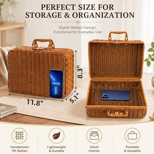 Covzoe Wicker Picnic Basket, 11.8" Small Rustic Rattan Suitcase with Handle — view 2