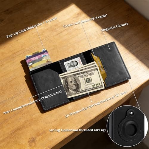 DASKING Men's Card Wallet RFID Blocking with Airtag Holder, Smart Metal Credit Card Holder Cases Pop Up, ID Window, Money Clip, Magnetic Closure Slim Minimalist Vegan Leather Wallet for Gents Gift — view 2