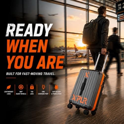 XPLR 55x34x24cm Cabin Suitcase - Hard Shell 20" Carry On Bag Luggage - USB Charging Port - Cup Holder - TSA Lock - 360° Wheels - Lightweight 2.8kg Hand Luggage for Travel (Adventure Orange) — view 4