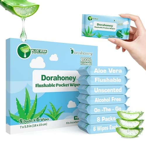 Dorahoney Travel Flushable Wet Wipes Mini, 99% Water with Aloe Vera, Unscented & Hypoallergenic for Sensitive Skin, Pocket Wipes Travel Essentials for Adults, Kids & Baby care, 8 Pack (48 Wipes Total)