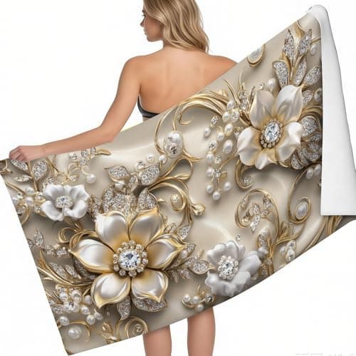 Beach Towels Pearl Diamond Flowers Microfibre Lightweight Beach Towel 140 x 70 cm gold Printed Sand Free Quick Dry Design Camping Towels for Travel Swim Yoga