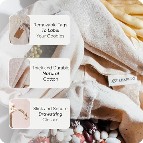 Leafico Cotton Storage Bags with Drawstrings - X-Large 36x43 cm 6 Pcs - Multipurpose Canvas Fabric Bread Bags for Bulk Food Produce, Potatoes, Onions, Shoes — view 4
