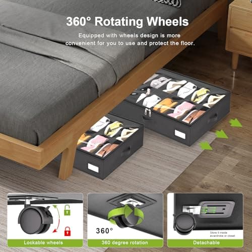 VERONLY Under Bed Shoe Storage Organiser with Wheels for Closet Fits 24 Pairs- Sturdy Underbed Shoe Storage Box Bins,Set of 2 (Black) — view 3