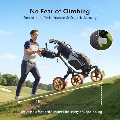 YMDXONE 3 Wheel Golf Trolley with 360° Swivel Wheel: Foldable Design, Integrated Storage, Adjustable Handle, Holders for Phone/GPS/Scorecard/Bottle/Umbrella. Compact for Easy Storage and Transport — view 3