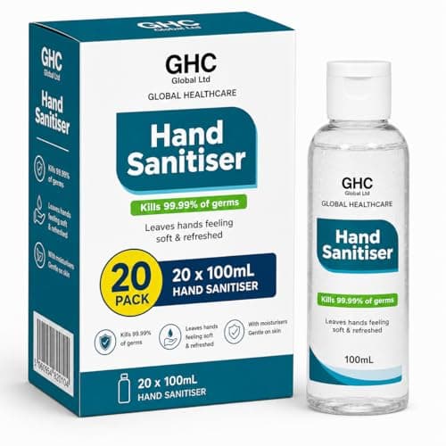 GHC Global Health Care Hand Sanitiser Gel (Pick Any Size) - 75% Alcohol Antibacterial Hand Gel for Travel, School, Office & Everyday Hygiene - Quick Dry Pocket Sanitiser (100ML, Pack of 20)