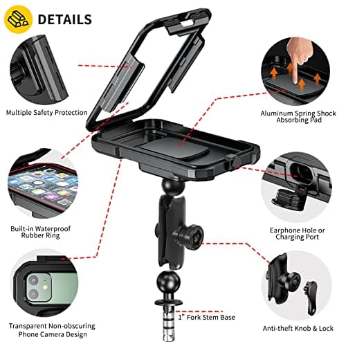 iMESTOU Waterproof Motorcycle Fork Stem Phone Mount Case 1" Ball Bike Phone Holder Anti-Theft with B Size Double Socket Arms Aluminium Ball Base for 5.5"-6.8" Cellphones (L) — view 5