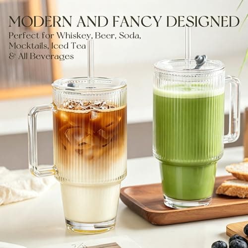 KEMORELA 24oz / 710ml Ribbed Glass Tumbler with Handle, Lid & Straw – Iced Coffee Glass Cup, Matcha & Smoothie Drinking Glass, Reusable Travel Cup with Straw and Lid — view 2