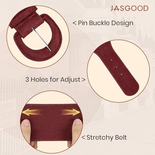 JASGOOD Women Suede Elastic Belt Wide Stretchy Waist Belt, Vintage Chunky Buckle Belts for Dress,Burgundy — view 5