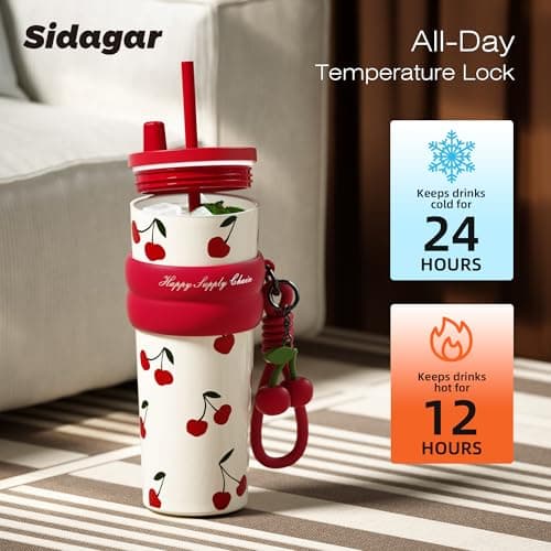 Sidagar 24 oz Insulated Tumbler witn Lid and Straw, Stainless Steel Reusable Leak Proof Water Bottle, Travel Portable Coffee Mug for Hot and Cold, Thermal Cup for Women, Cherry — view 4