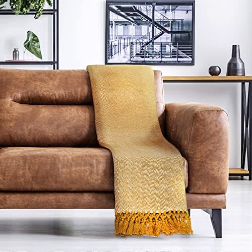 Emma Barclay Herringbone - Recycled Cotton Patterned Chair Sofa Setee Bed Throw Over Blanket in Ochre Yellow - 50x60 (127x152cm) — view 4