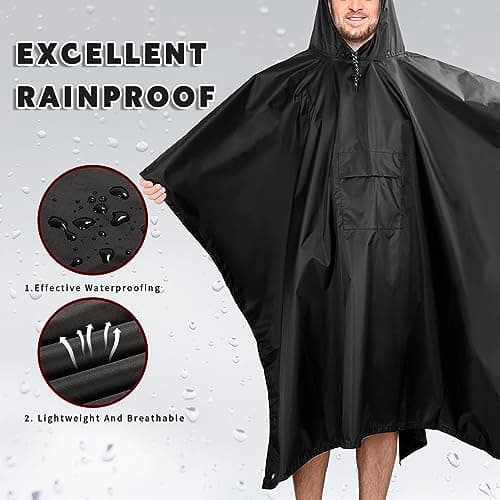 ZONGHUN Rain Poncho Adult Waterproof Raincoat Reusable Emergency Poncho for Men Women with Hood for Hiking, Camping, Outdoor Activities Black — view 2