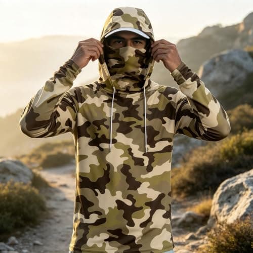 Men's Camo Sun Protection Hoodie with Face Cover, Lightweight Long Sleeve Fishing Shirt, Breathable Outdoor Hooded Top for Hiking and Camping — view 3