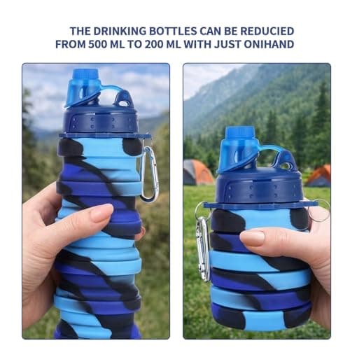 YFHUVB Collapsible Water Bottle, Silicone Water Bottle Collapsible, Folding Water Bottle for Outdoor Hiking, Gym Hydration, School Use and Family Travel, 500 ml Capacity with Carabiner — view 3