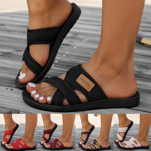Women's Mesh Sandals & Slides, Open Toe Slip on Flat Sliders, Lightweight Breathable Soft Cushioned Footbed Comfort Slippers, Summer Cross Strap Fashion Casual Wide Fit Sandals — view 6
