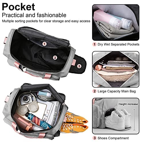 RainFlowwer Travel Duffel Bag Women Men,Sports Gym Bag with Shoes Compartment,Waterproof Travel Bag Overnight Bag with Dry Wet Separated Pocket,Carry Luggage Bag Weekender,Sports,Gym,Travel(Grey&Pink) — view 6